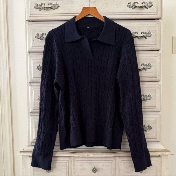 Vici Sweaters - Navy Cable Knit Preppy Collared Sweater